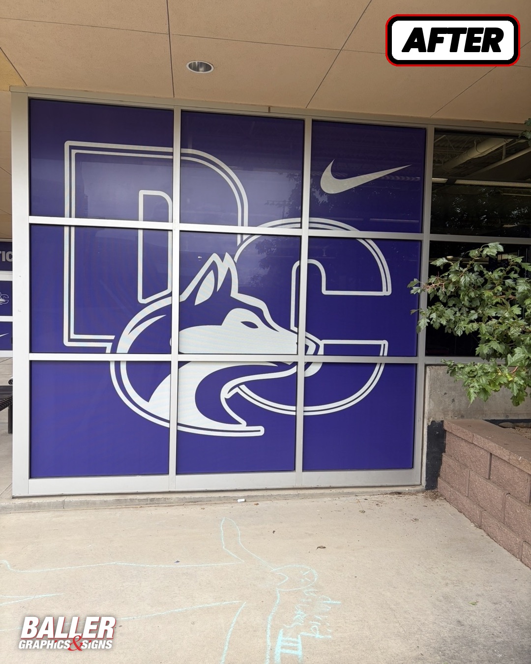 Large DC Husky logo window graphic with Nike swoosh at Douglas County High School in Castle Rock, Colorado